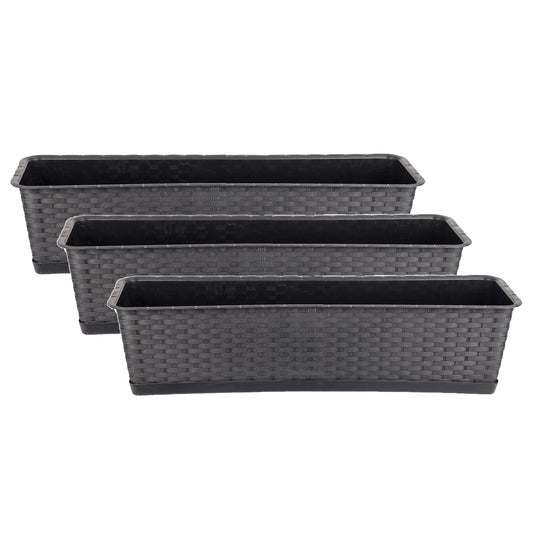 BigDean 3er Set Blumenkasten mit Untersetzer 70 cm lang Rattan-Optik anthrazit - aus PP-Kunststoff - Balkon Pflanzkasten schmal Balkonkasten image 1