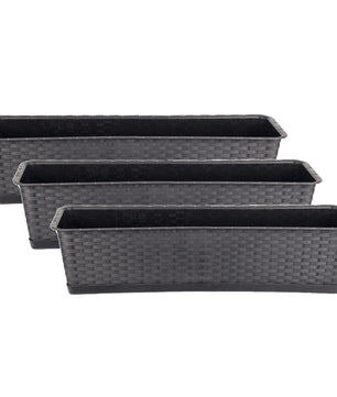 3er Set Blumenkasten mit Untersetzer 70 cm lang Rattan-Optik anthrazit - aus PP-Kunststoff 