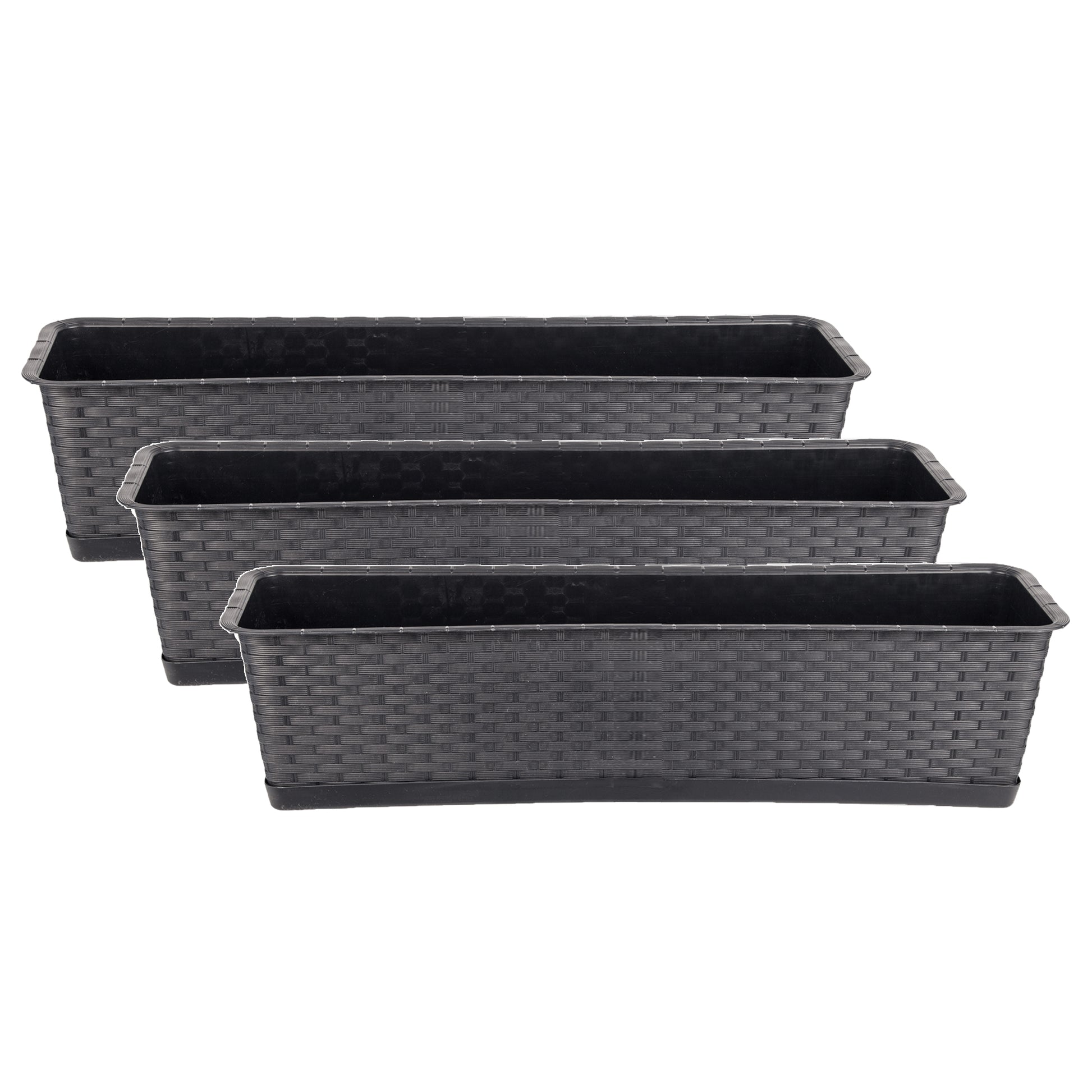 3er Set Blumenkasten mit Untersetzer 70 cm lang Rattan-Optik anthrazit - aus PP-Kunststoff 