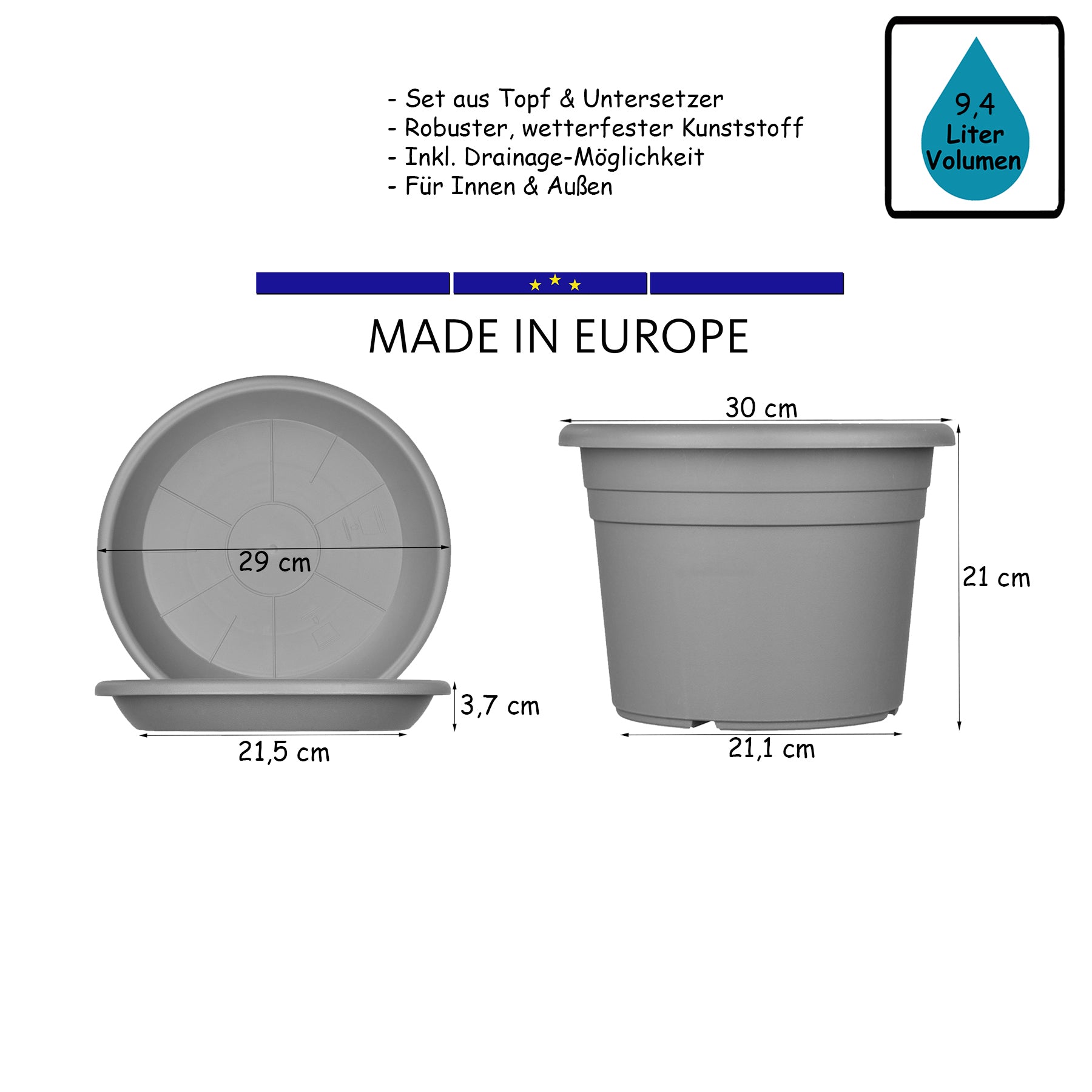 Blumentopf Untersetzer Ø 29 cm Farbe Anthrazit Kunststoff Blumenuntersetzer Blumentopfuntersetzer passend zu Ø 30 cm Blu
