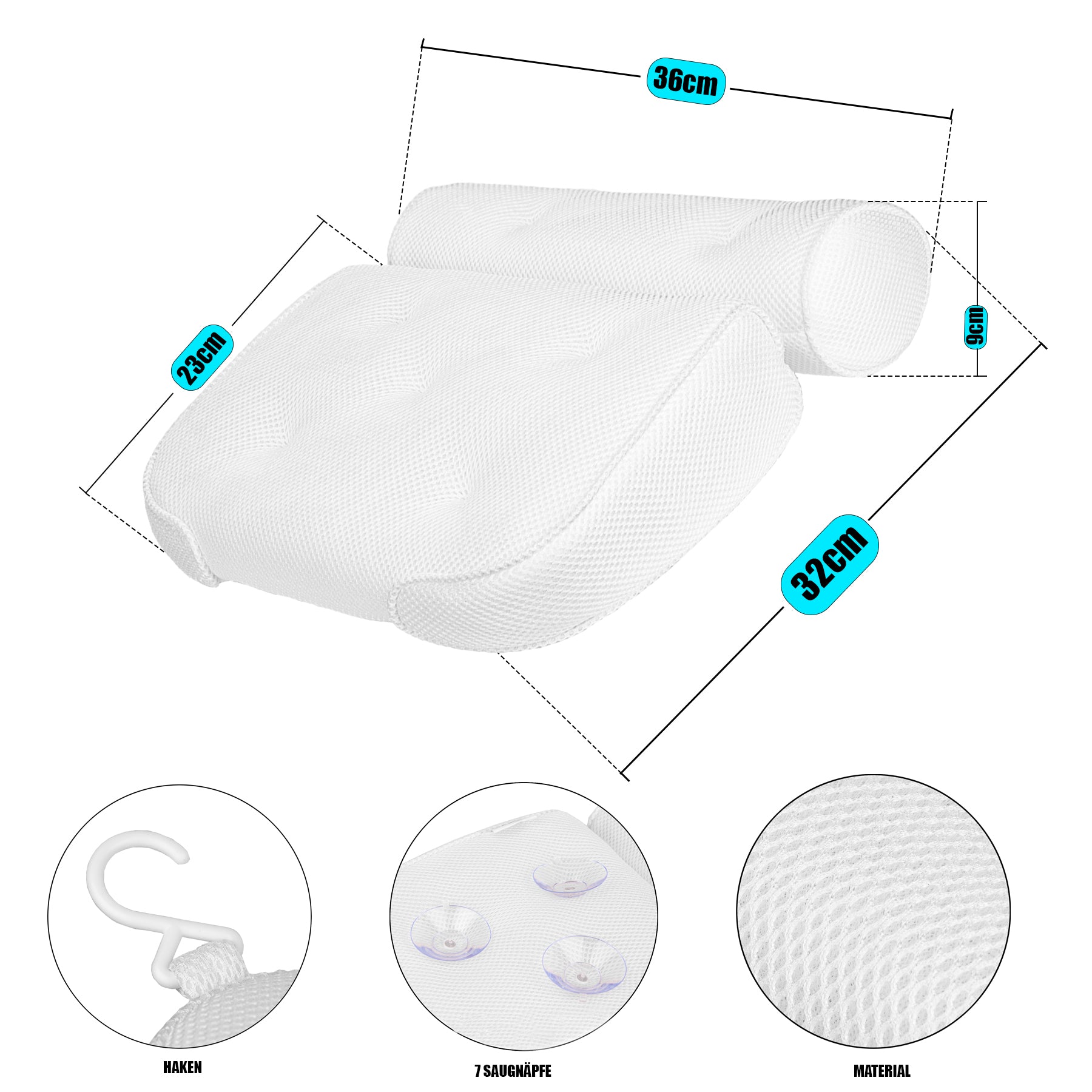 BigDean Badewannenkissen atmungsaktiv 4D Wannenkissen Badekissen mit 7 rutschfesten Saugnäpfen 5