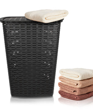 Wäschesammler 55L mit Deckel und 2 Griffen Wäschekorb Wäschebox in Flecht Rattan Optik -