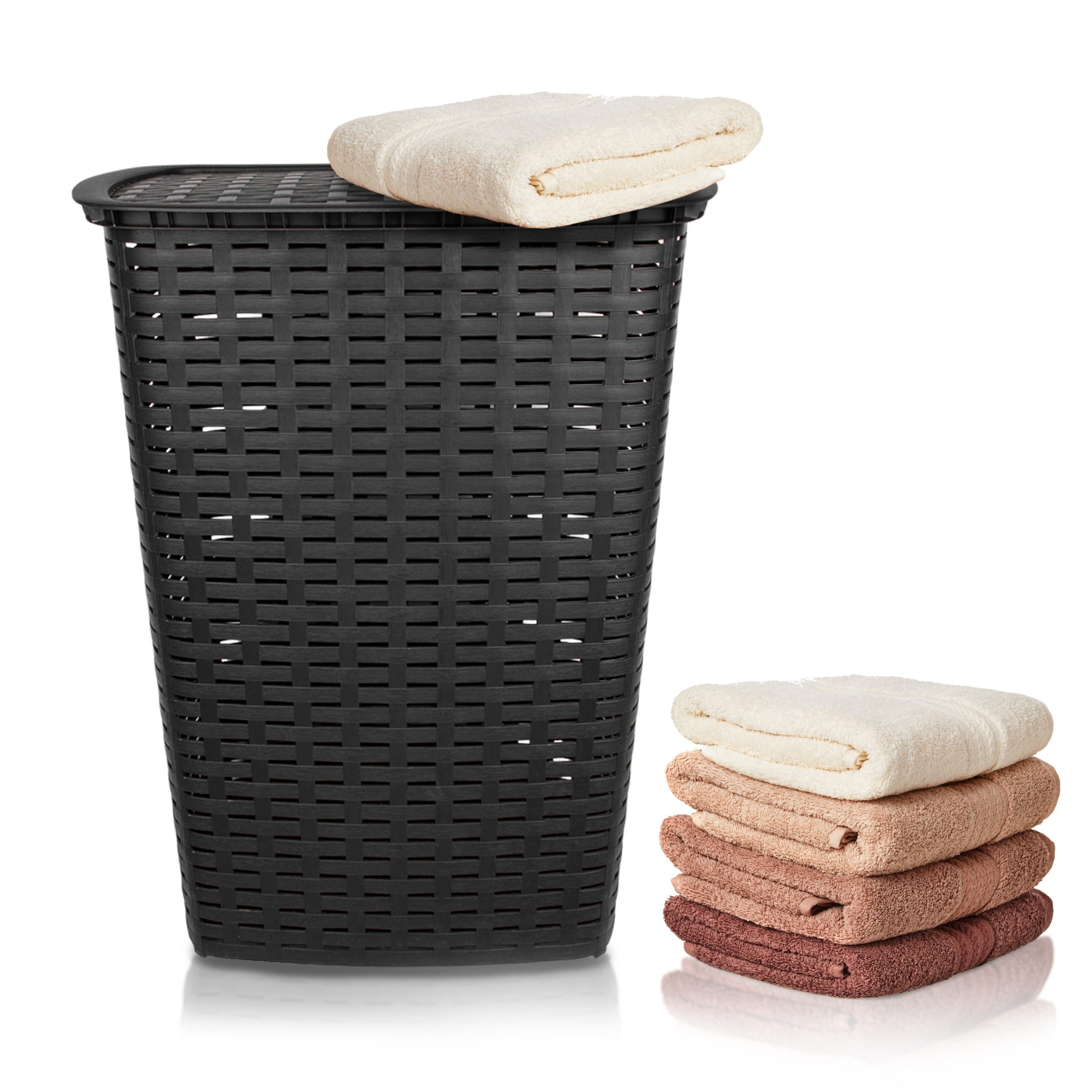 Wäschesammler 55L mit Deckel und 2 Griffen Wäschekorb Wäschebox in Flecht Rattan Optik -