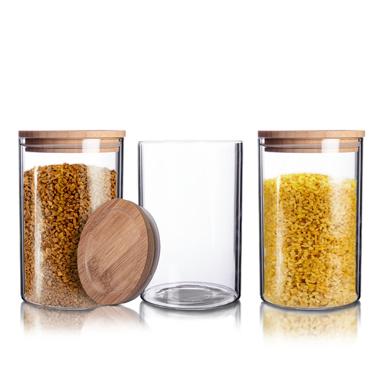 BigDean 3er Set Vorratsgläser 1,1L mit Bambus-Deckel - 10 x 17 cm - Vorratsgläser zur Aufbewahrung von Tee & Gewürzen - Gewürzgläser Vorratsdosen- luftdicht und spülmaschinenfest image 1