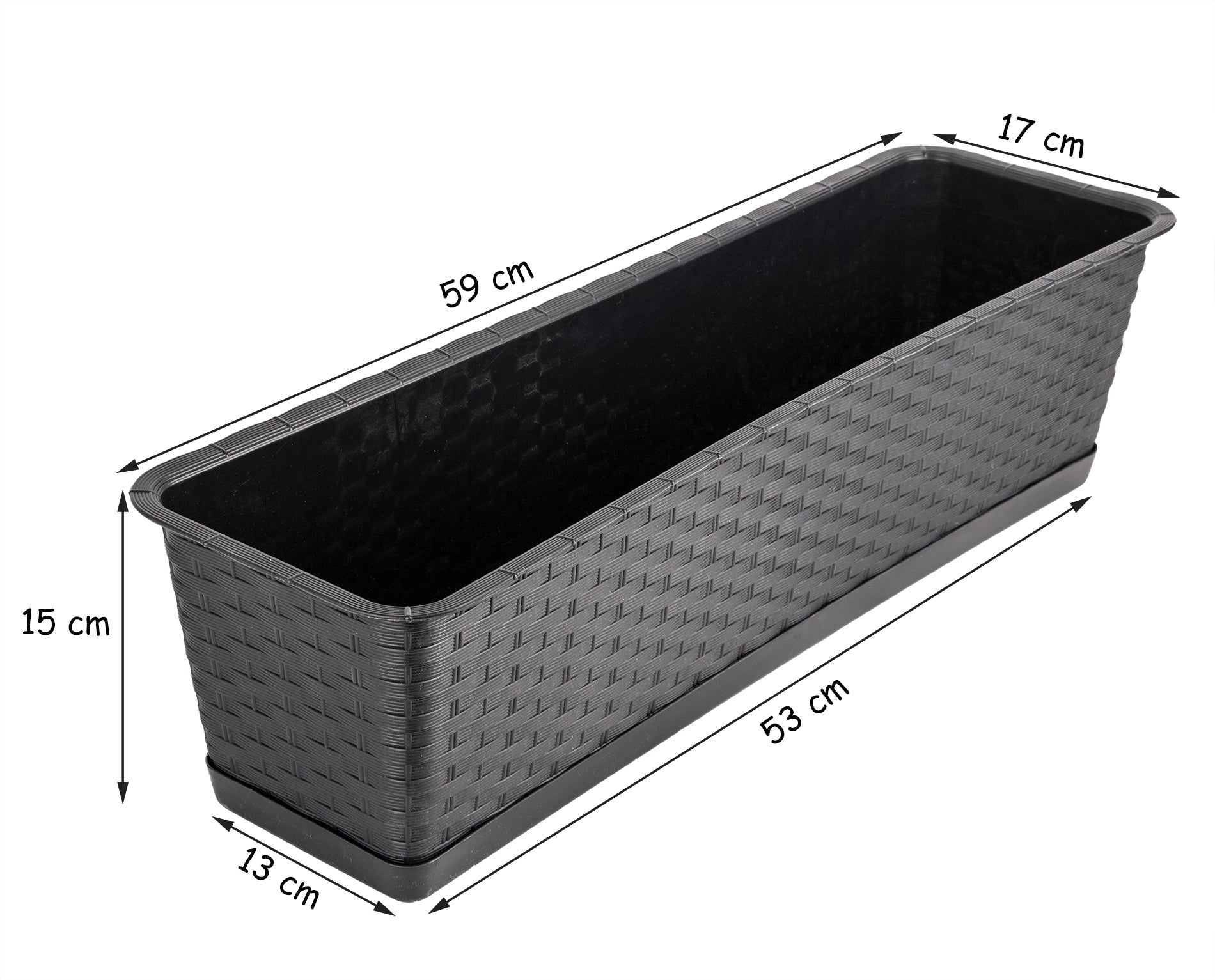 3er Set Blumenkasten mit Untersetzer 60 cm lang Rattan-Optik anthrazit - aus PP-Kunststoff  5
