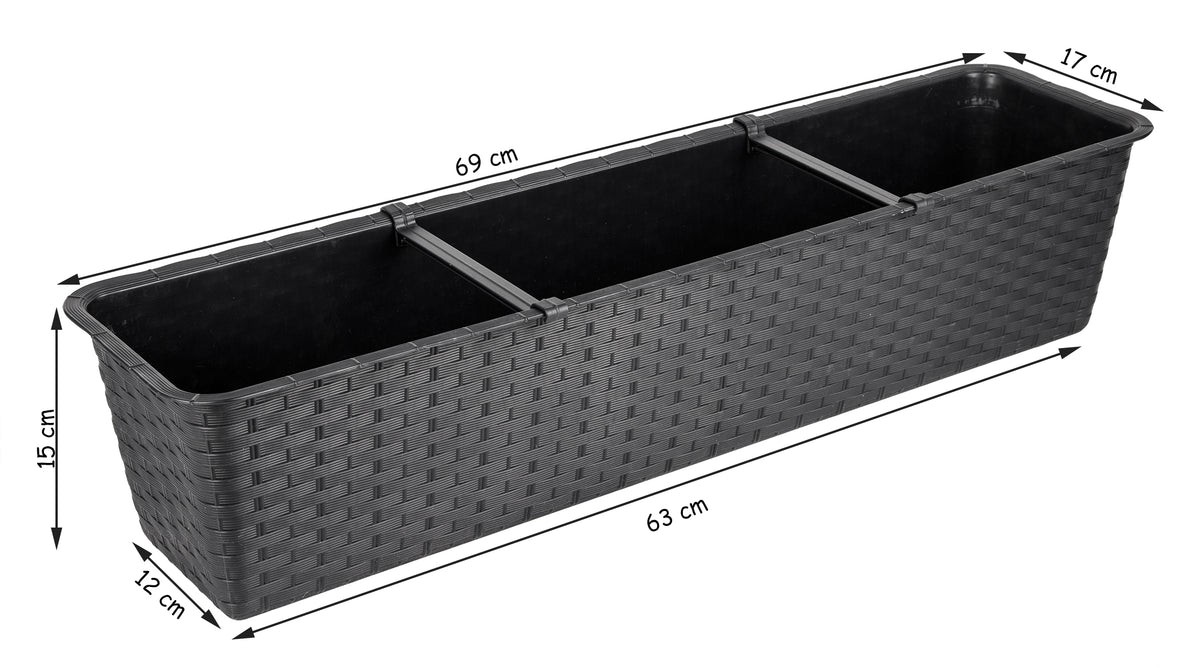 BigDean 2er Set Blumenkasten mit Untersetzer 70 cm lang Rattan-Optik anthrazit - aus PP-Kunststoff - Balkon Pflanzkasten schmal Balkonkasten image 5