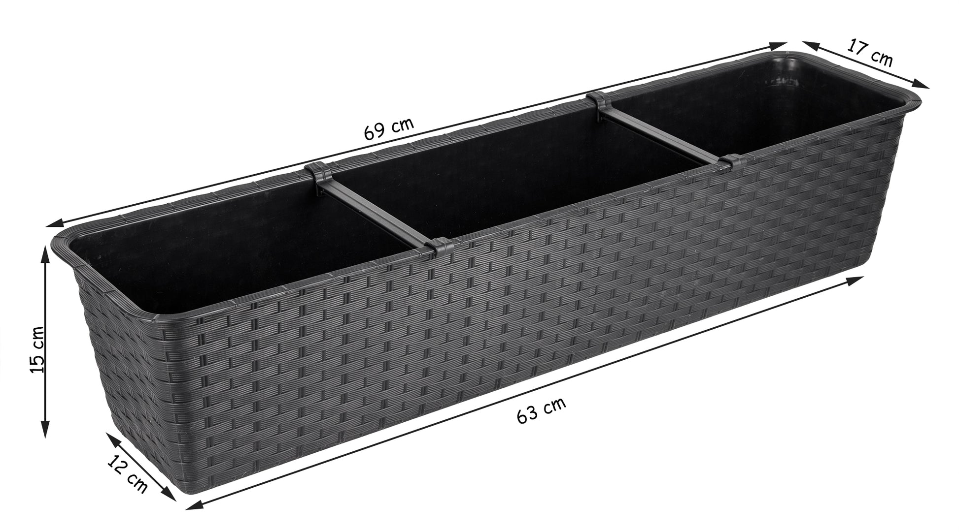 2er Set Blumenkasten mit Untersetzer 70 cm lang Rattan-Optik anthrazit - aus PP-Kunststoff  5