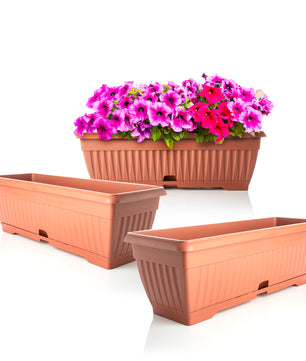 3x Blumenkasten mit Untersetzer Balkonkasten Pflanzkasten - Terracotta 50 cm Innen & Außen