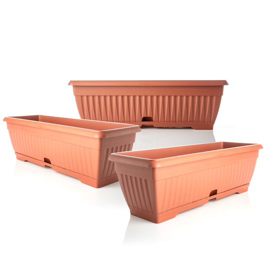 3x Blumenkasten mit Untersetzer Balkonkasten Pflanzkasten - Terracotta 50 cm Innen & Außen 3