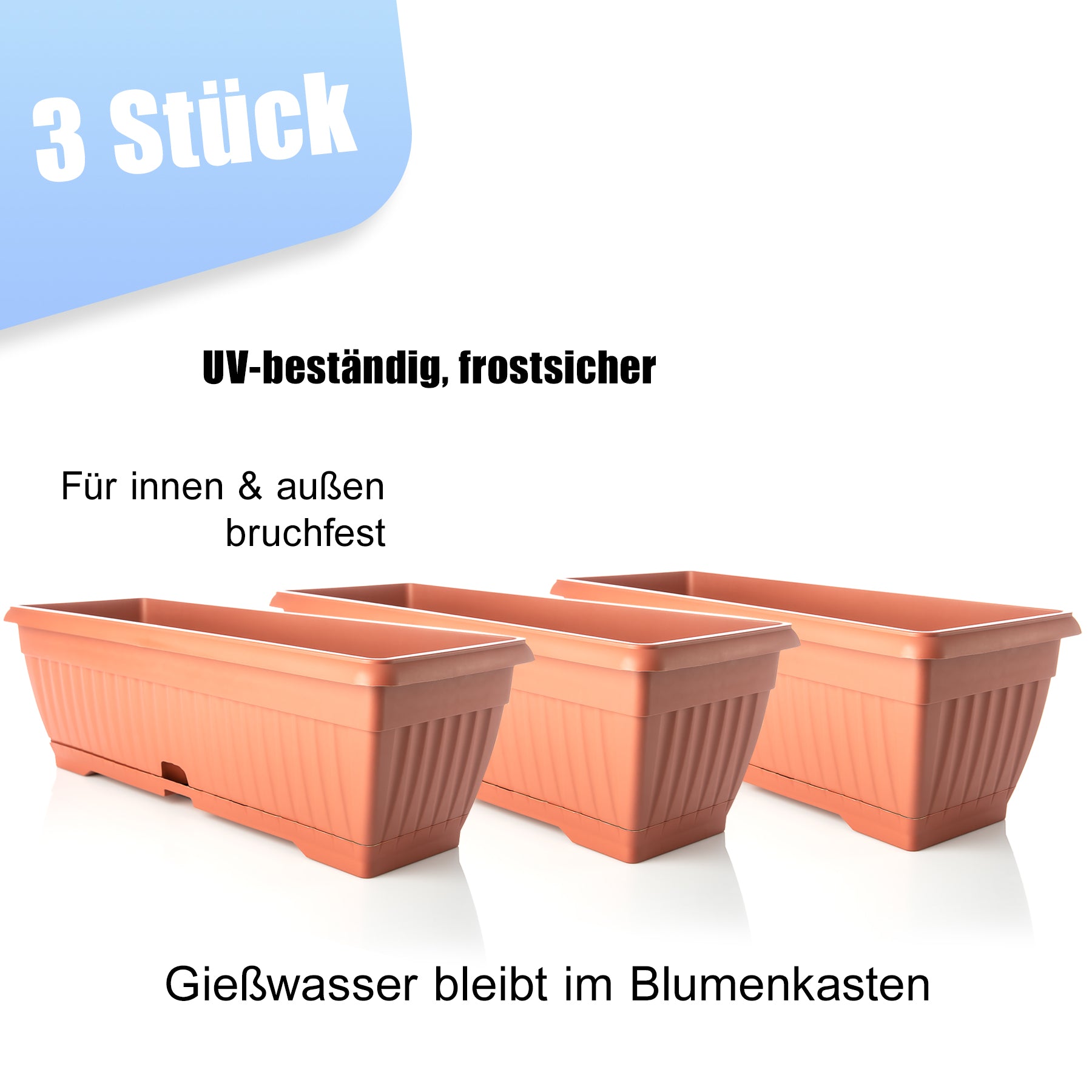 3x Blumenkasten mit Untersetzer Balkonkasten Pflanzkasten - Terracotta 50 cm Innen & Außen 6