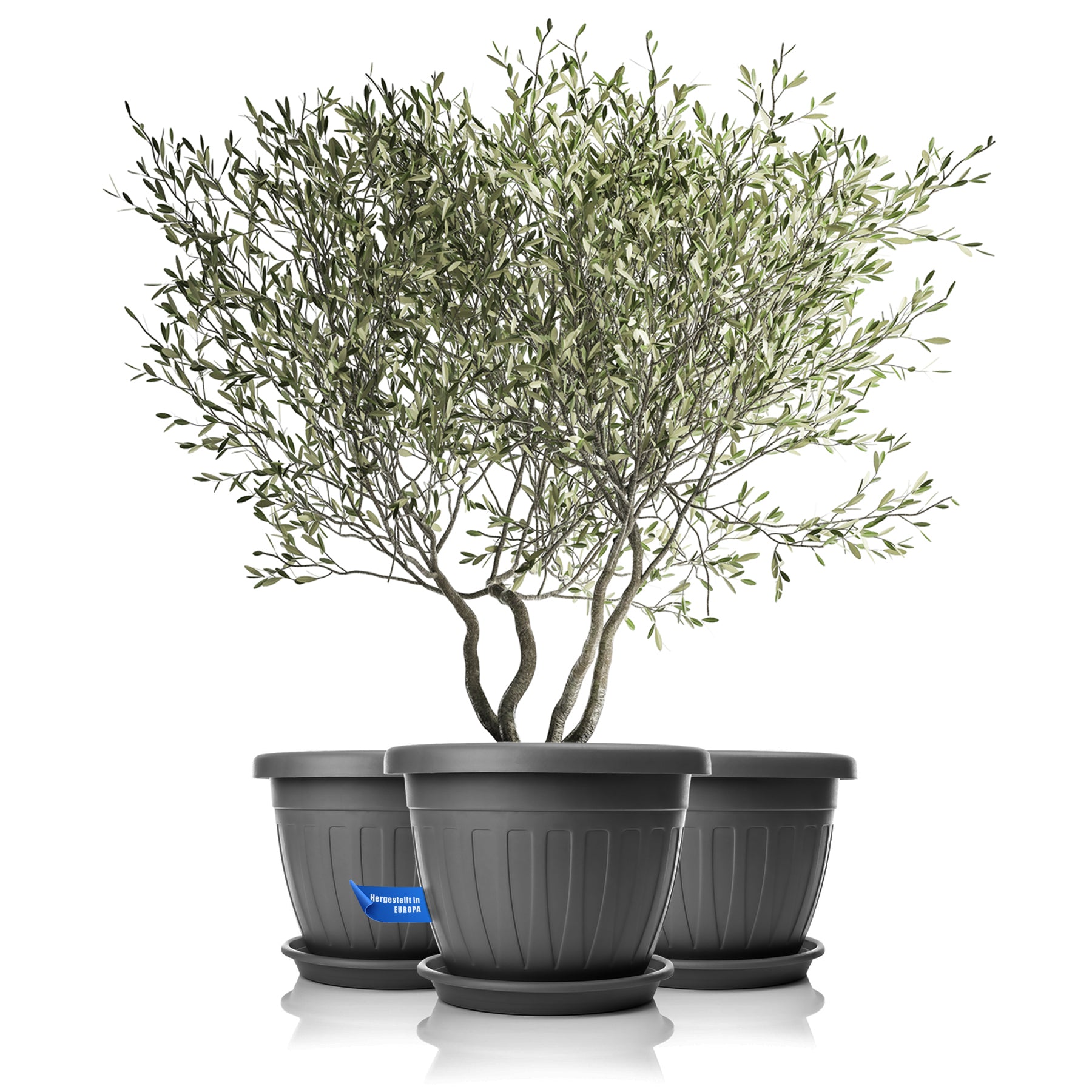 3x Blumentopf mit passendem Untersetzer rund ø50xH38 cm anthrazit wetterfest UV-beständig