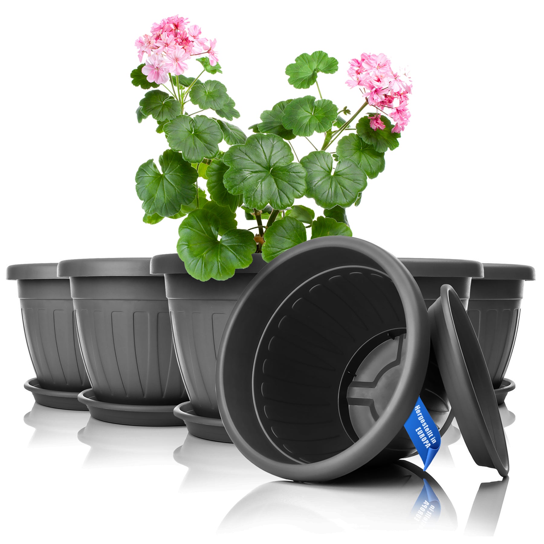 6x Blumentopf mit passendem Untersetzer rund ø28xH20 cm anthrazit wetterfest UV-beständig