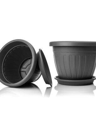 6x Blumentopf mit passendem Untersetzer rund ø28xH20 cm anthrazit wetterfest UV-beständig 6