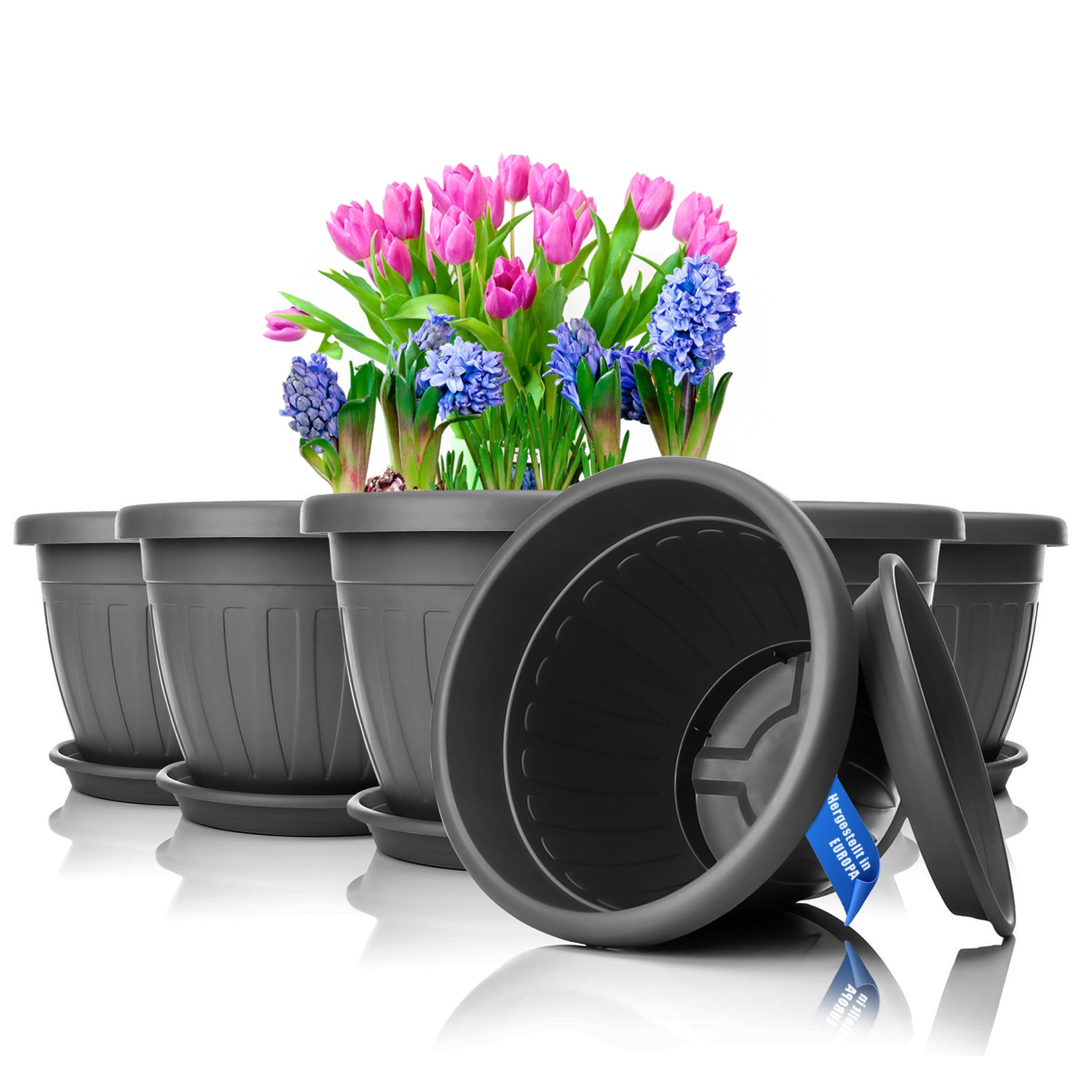 6x Blumentopf mit passendem Untersetzer rund ø33xH25 cm anthrazit wetterfest UV-beständig