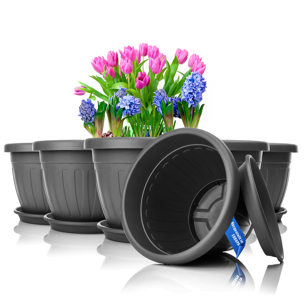 BigDean 6x Blumentopf mit Untersetzer rund ø33xH25 cm anthrazit - wetterfester Pflanzkübel - Wasserablauf UV-beständig aus bruchsicherem Kunststoff - Innen + Außen geeignet - Made in Europe image 1