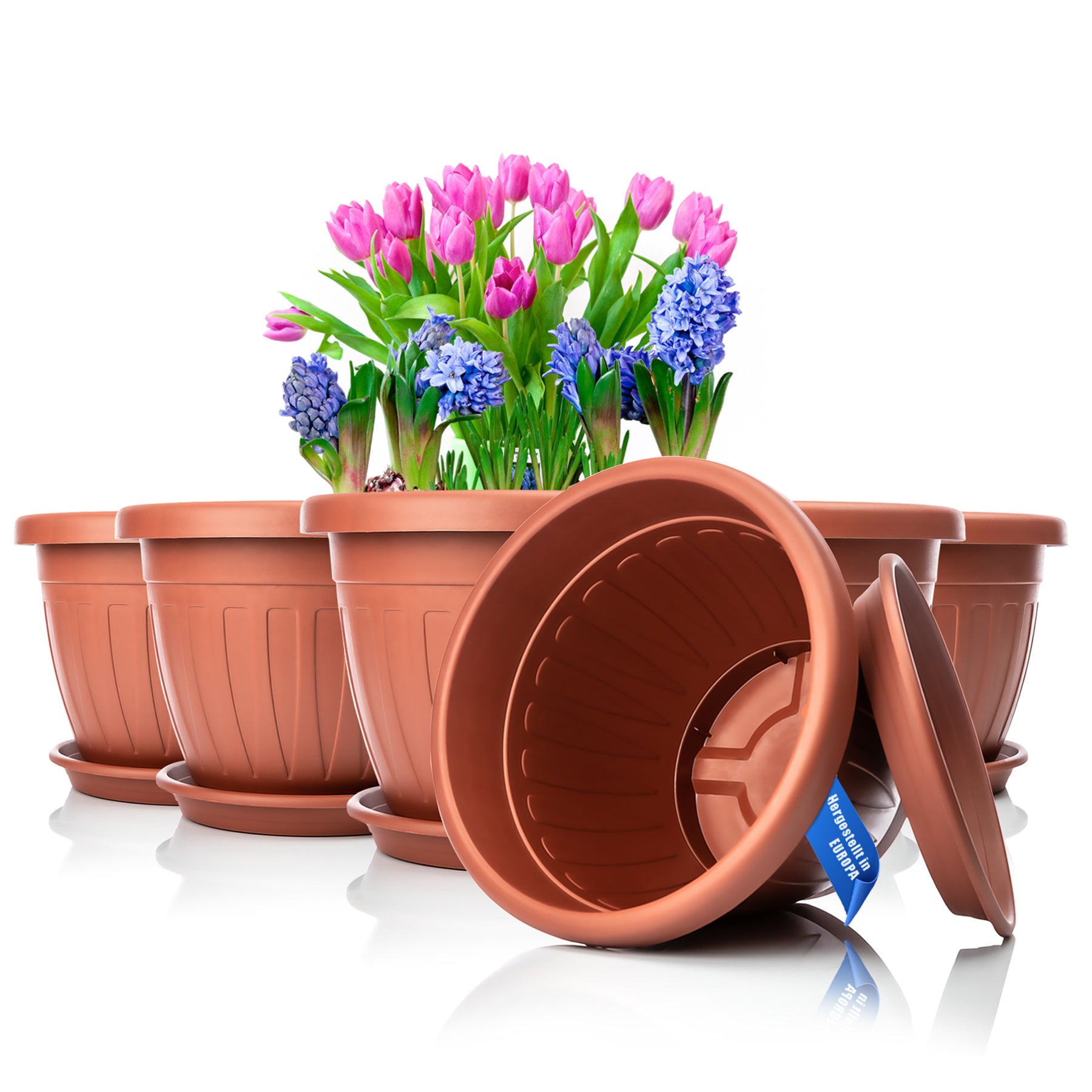 6x Blumentopf mit passendem Untersetzer rund ø33xH25 cm terracotta wetterfest UV-beständig