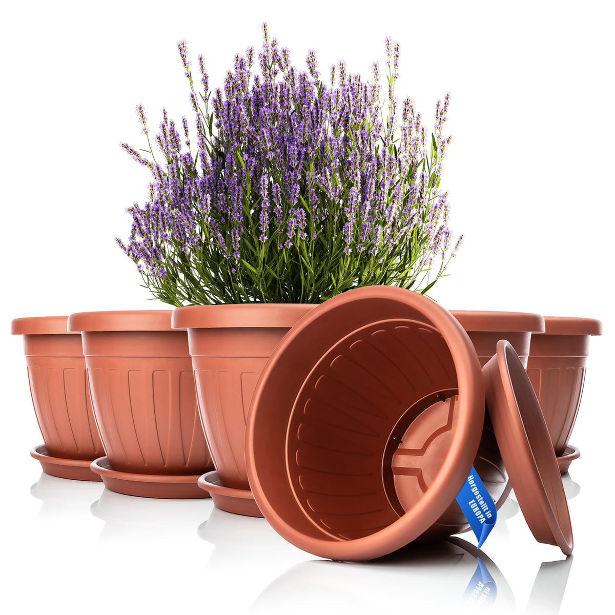 BigDean 6x Blumentopf mit Untersetzer rund ø40xH31 cm terracotta - wetterfester Pflanzkübel - Wasserablauf UV-beständig aus bruchsicherem Kunststoff - Innen + Außen geeignet - Made in Europe image 1