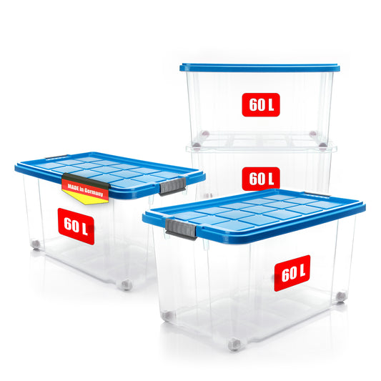BigDean 4 Stück 60 L Aufbewahrungsbox mit Deckel groß azurblau - stapelbare robuste Box - rollbare Stapelbox mit festen Klickverschlüssen - Made in Germany image 1