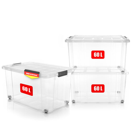 BigDean 3 Stück 60 L Aufbewahrungsbox mit Deckel groß transparent - stapelbare robuste Box BPA-frei - rollbare Stapelbox mit festen Klickverschlüssen - Made in Germany