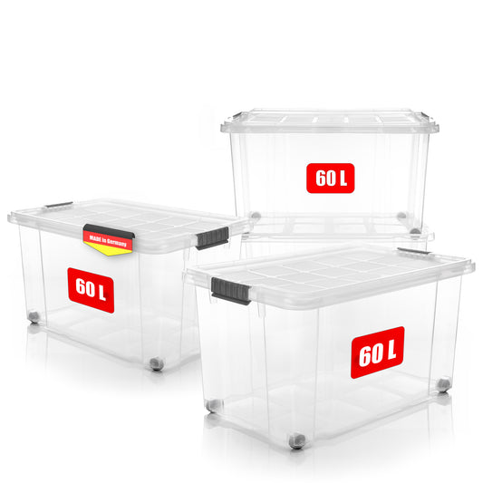 BigDean 4 Stück 60 L Aufbewahrungsbox mit Deckel groß transparent - stapelbare robuste Box BPA-frei - rollbare Stapelbox mit festen Klickverschlüssen - Made in Germany