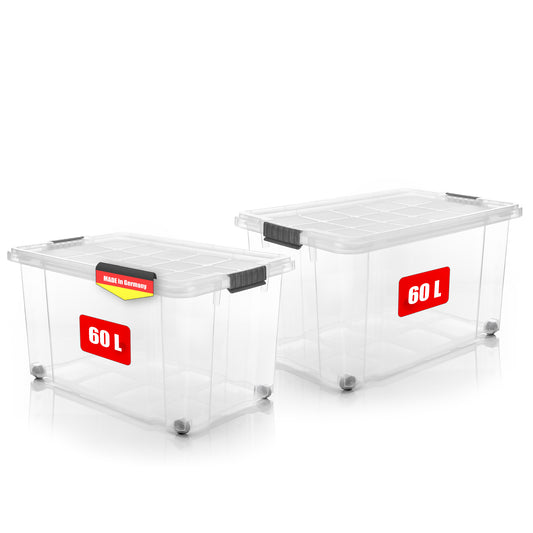 BigDean 2 Stück 60 L Aufbewahrungsbox mit Deckel groß transparent - stapelbare robuste Box BPA-frei - rollbare Stapelbox mit festen Klickverschlüssen - Made in Germany