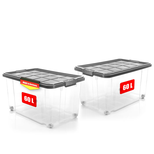 BigDean 2 Stück 60 L Aufbewahrungsbox mit Deckel groß stahlgrau - stapelbare robuste Box BPA-frei - rollbare Stapelbox mit festen Klickverschlüssen - Made in Germany