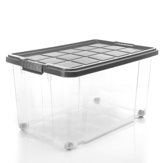 BigDean 2 Stück 60 L Aufbewahrungsbox mit Deckel groß stahlgrau - stapelbare robuste Box rollbare Stapelbox mit festen Klickverschlüssen - Made in Germany image 2