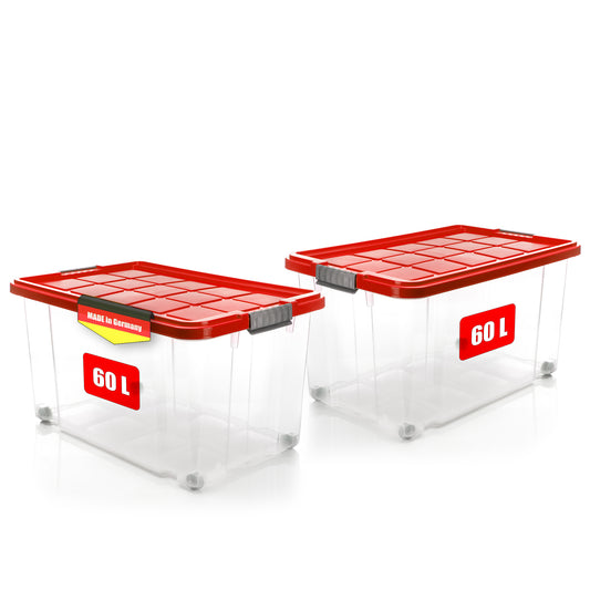 BigDean 2 Stück 60 L Aufbewahrungsbox mit Deckel groß rot - stapelbare robuste Box BPA-frei - rollbare Stapelbox mit festen Klickverschlüssen - Made in Germany