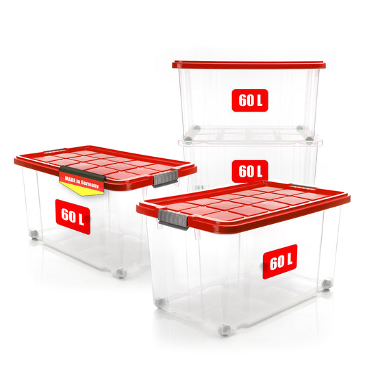 4x 60 L Aufbewahrungsbox mit Deckel groß rollbar rot - stabile & robuste Box 