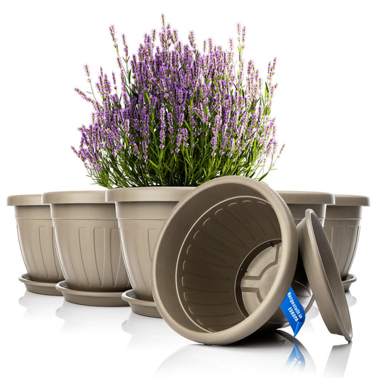 BigDean 6x Blumentopf mit Untersetzer rund ø40xH31 cm Mokka/braun - wetterfester Pflanzkübel - Wasserablauf UV-beständig aus bruchsicherem Kunststoff - Innen + Außen geeignet - Made in Europe image 1