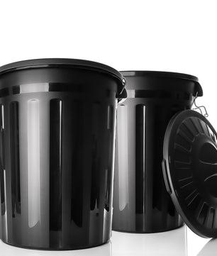 BigDean 2 Stück wetterfeste Universaltonne mit Deckel Schwarz und 2 Tragegriffen + Clip Verschluss auch als Mülltonne – Regentonne und Futtertonne geeignet für Indoor + Outdoor geeignet