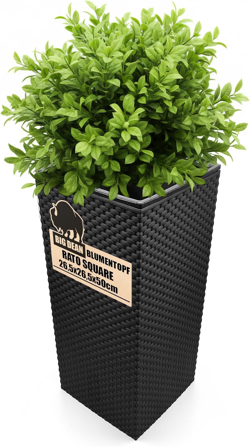Blumentopf in Rattan-Optik Pflanzkübel mit Einsatz | 26,5 x 26,5 x 50 cm | anthrazit | wetterfest & UV-beständig | aus robustem Kunststoff | für Innen- und Außenbereich