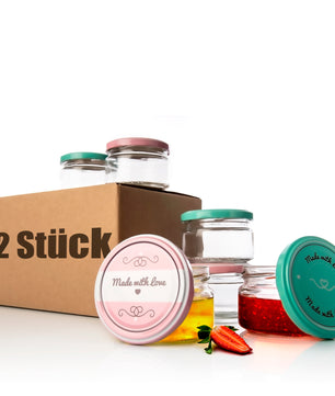 12er Set Einmachgläser mit Deckel in rosa und pastell-grün in made with love Stil - 250ml St