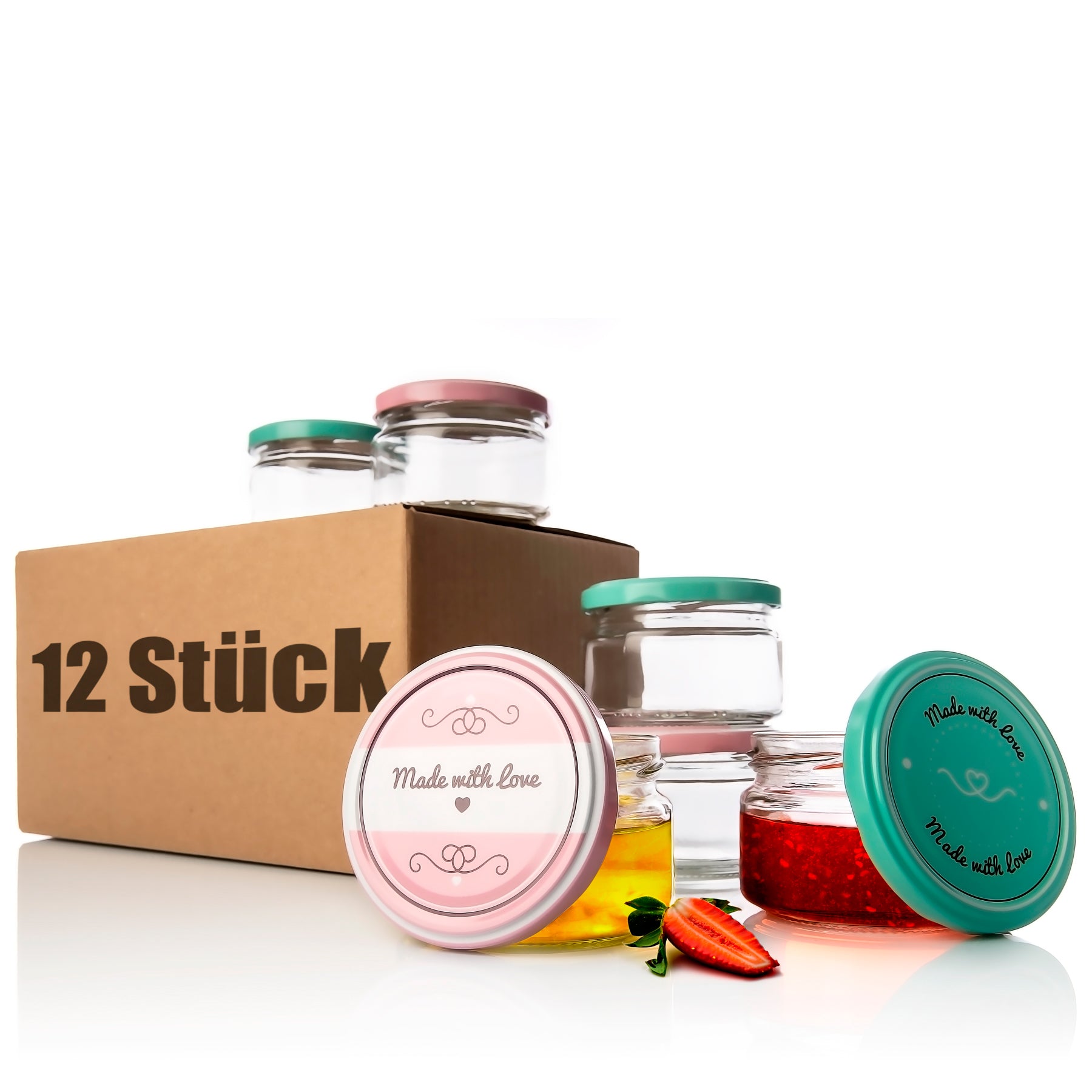 12er Set Einmachgläser mit Deckel in rosa und pastell-grün in made with love Stil - 250ml St