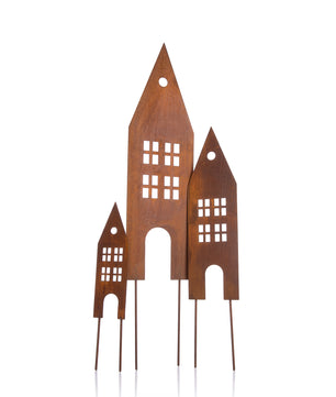 3 Stück Garten Deko für draußen – Gartenstecker in Rostoptik – 3 Deko Häuser zum stecken