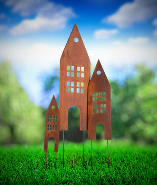 BigDean 3 Stück Garten Deko für draußen – Gartenstecker in Rostoptik – 3 Deko Häuser zum stecken 2