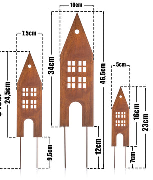 BigDean 3 Stück Garten Deko für draußen – Gartenstecker in Rostoptik – 3 Deko Häuser zum stecken 3