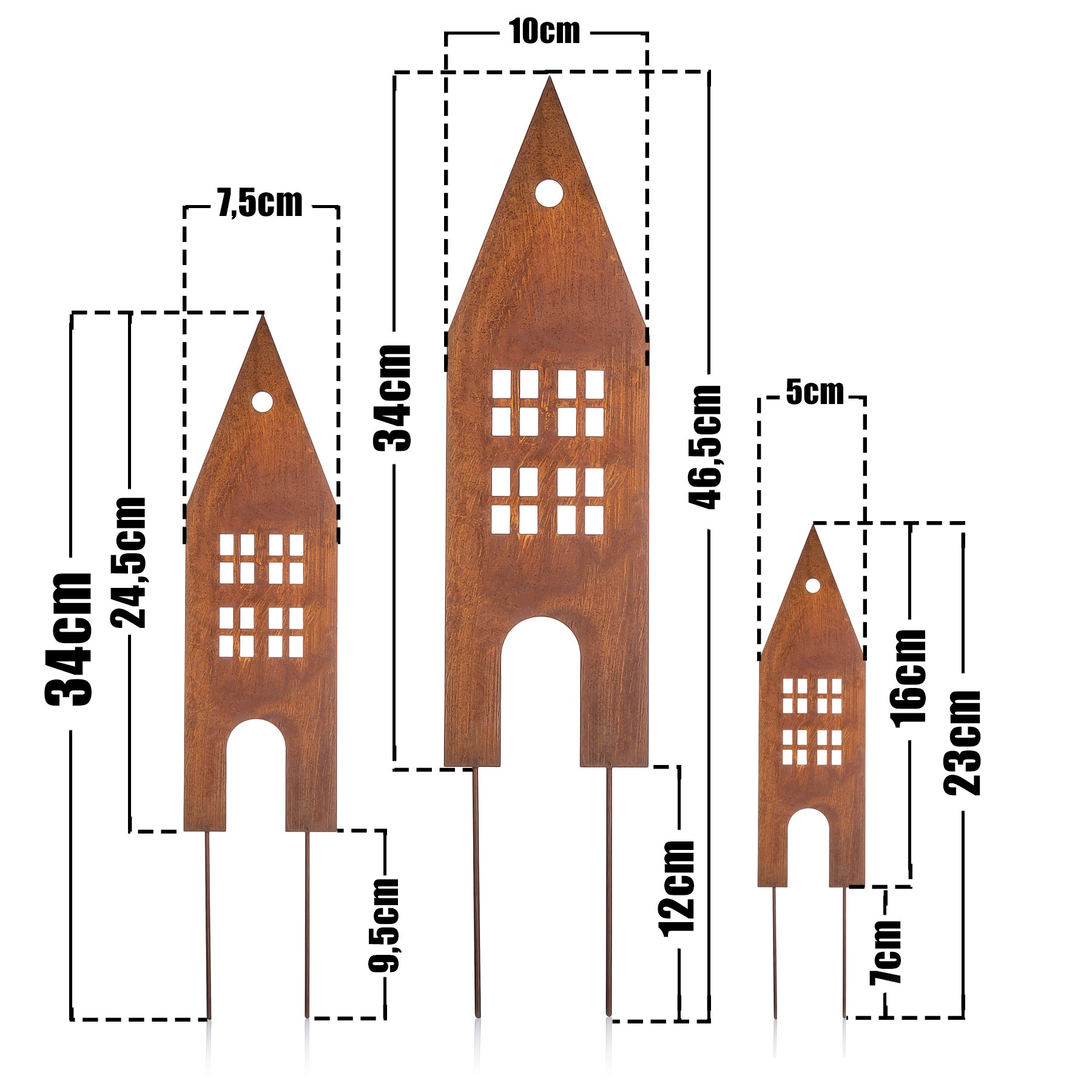 BigDean 3 Stück Garten Deko für draußen – Gartenstecker in Rostoptik – 3 Deko Häuser zum stecken 3