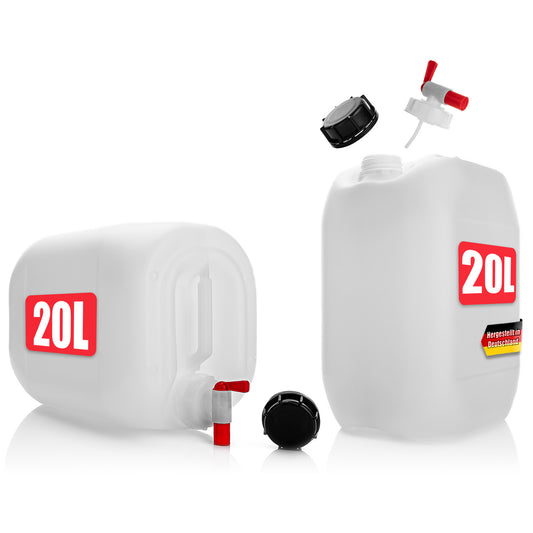 BigDean 2 Stück Wasserkanister 20L mit Auslaufhahn + Schraubdeckel - für Lebensmittel & Industrie - BPA frei lebensmittelecht stapelbar UN-Zulassung DIN 61 - tragbarer Wasserbehälter- Made in Germany image 1
