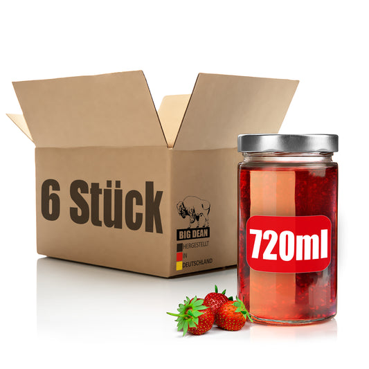 BigDean 6 Stück 720ml Einmachgläser mit silbernem Schraubdeckel – luftdichte Marmeladengläser dank Dichtungsring – Einkochgläser – Vorratsdosen Twist Off 82mm Deckel – Made in Germany