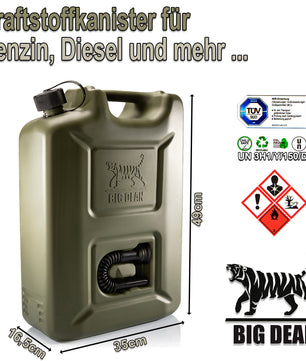 BigDean Benzinkanister 20L in Olivgrün mit flexiblem Ausgießer - Kraftstoffkanister 6
