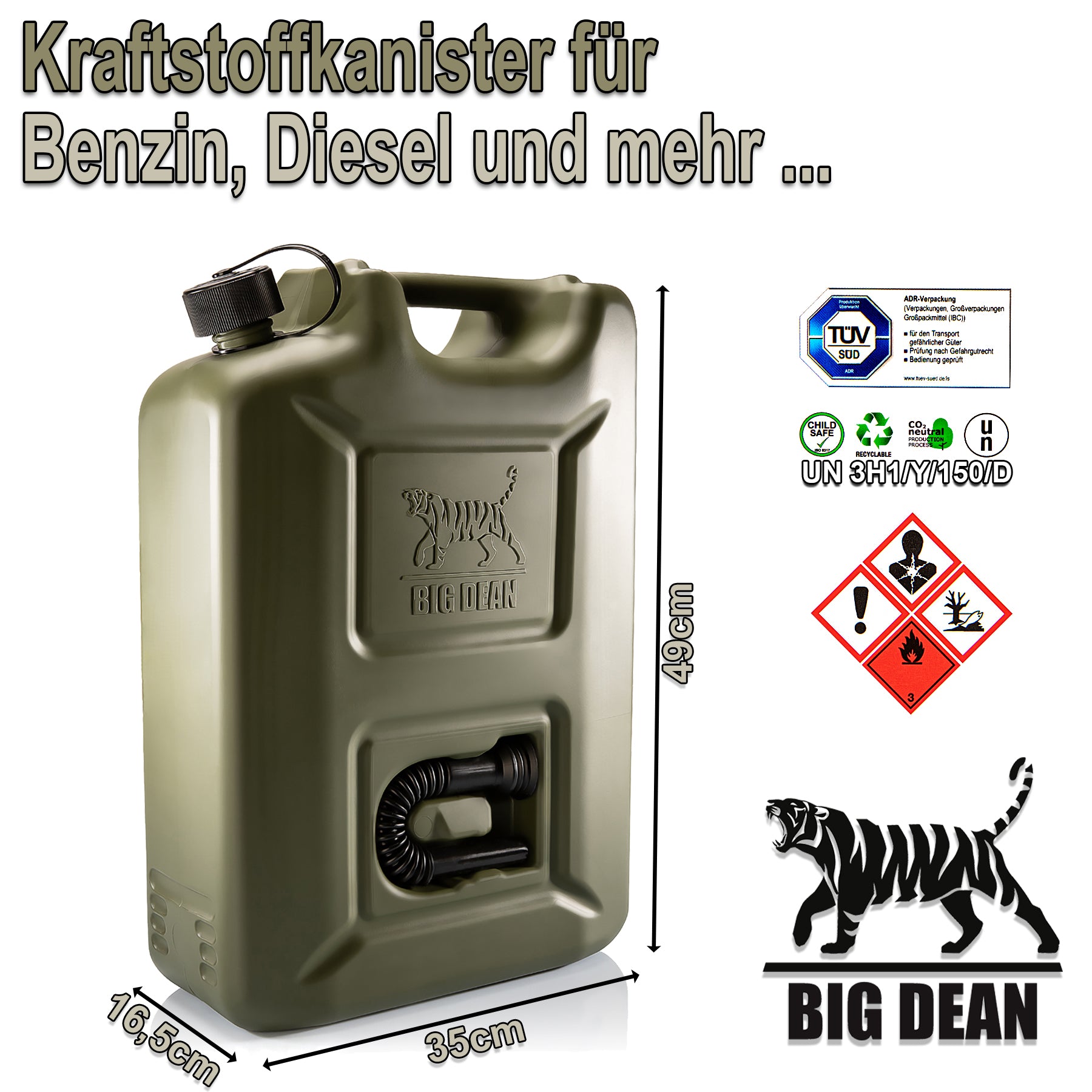 BigDean 2 Stück Benzinkanister 20L in Olivgrün mit flexiblem Ausgießer - Kraftstoffkanister für Benzin & Diesel - Kanister Dieselkanister Reservekanister - Made in Germany  6