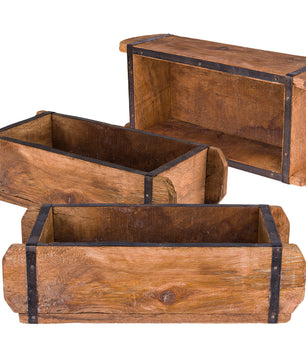 3x Ziegelform 32x14x9 cm - Ein-Kammer - Vintage Holzkiste mit Metallbeschlägen - Ordnungsbox Allzweckkiste - Nachbau aus Altholz - Jedes Stück ein Unikat