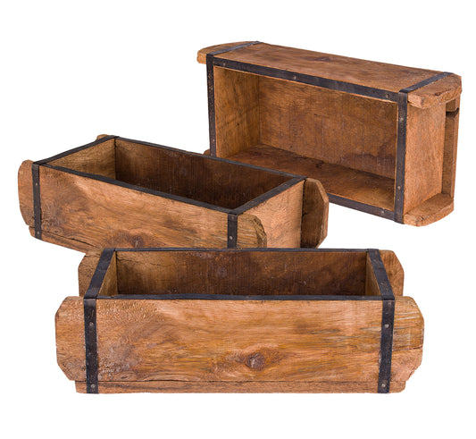 BigDean 3x Ziegelform 32x14x9 cm - Ein-Kammer - Vintage Holzkiste mit Metallbeschlägen - Ordnungsbox Allzweckkiste - Nachbau aus Altholz - Jedes Stück ein Unikat image 1