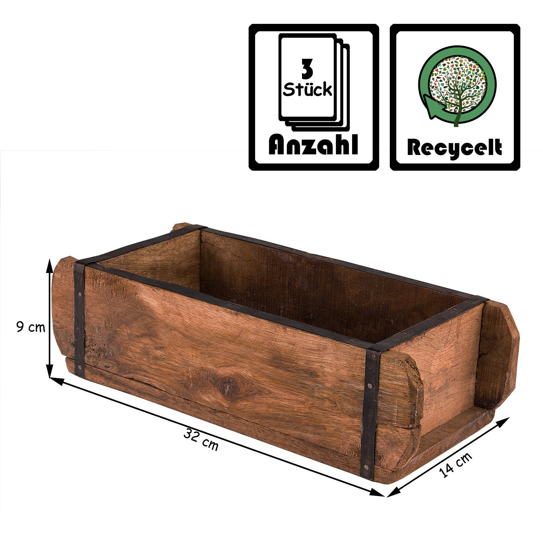 3x Ziegelform 32x14x9 cm - Ein-Kammer - Vintage Holzkiste mit Metallbeschlägen 6