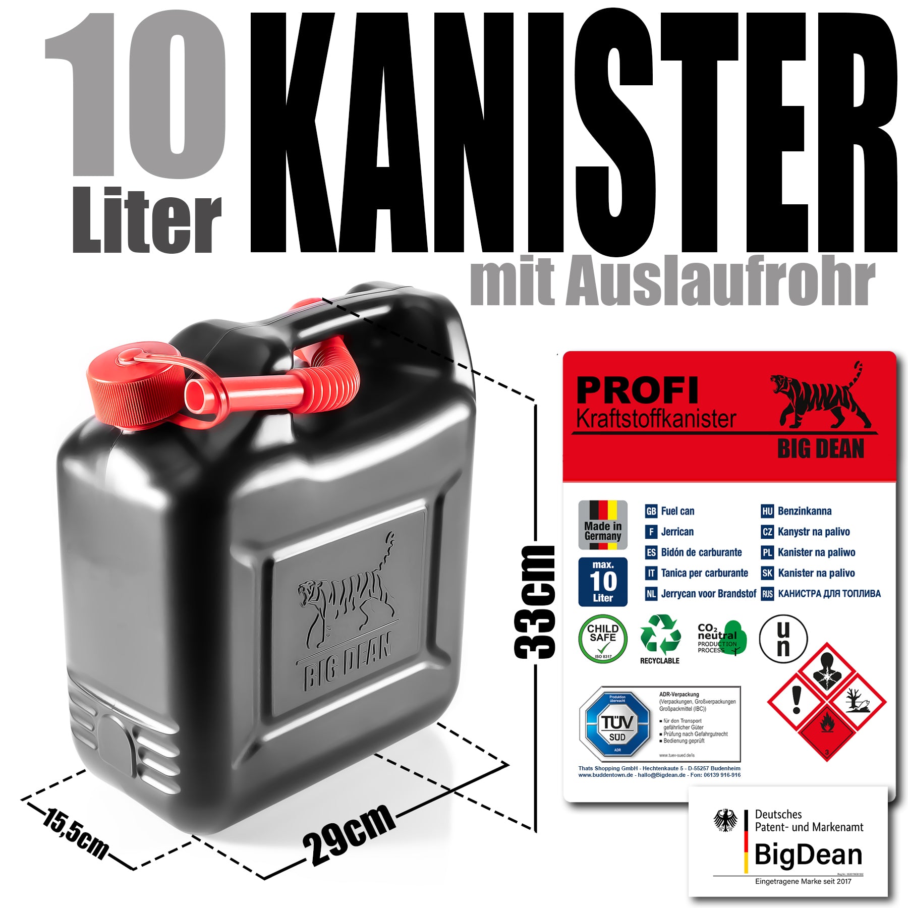 BigDean 2 Stück Benzinkanister 10L mit UN-Zulassung & flexiblem Auslaufrohr - Kraftstoffkanister 4