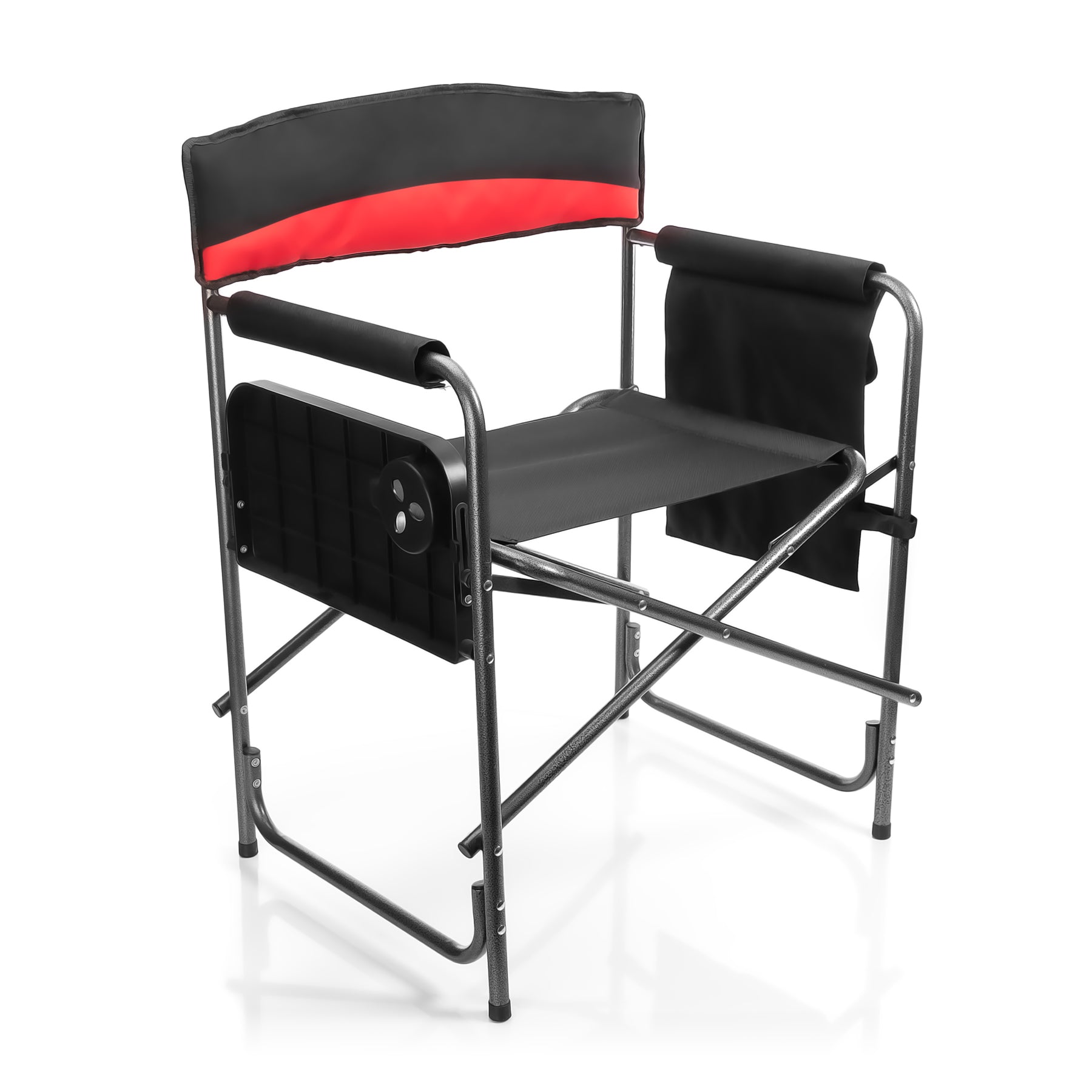 BigDean Komfort Campingstuhl in schwarz/rot  mit praktischem Klapptisch inkl. Getränkehalter – Camping Sessel 62 x 83 cm (BxH) mit Seitentasche - Anglerstuhl klappbar – Faltstuhl belastbar bis 150 kg