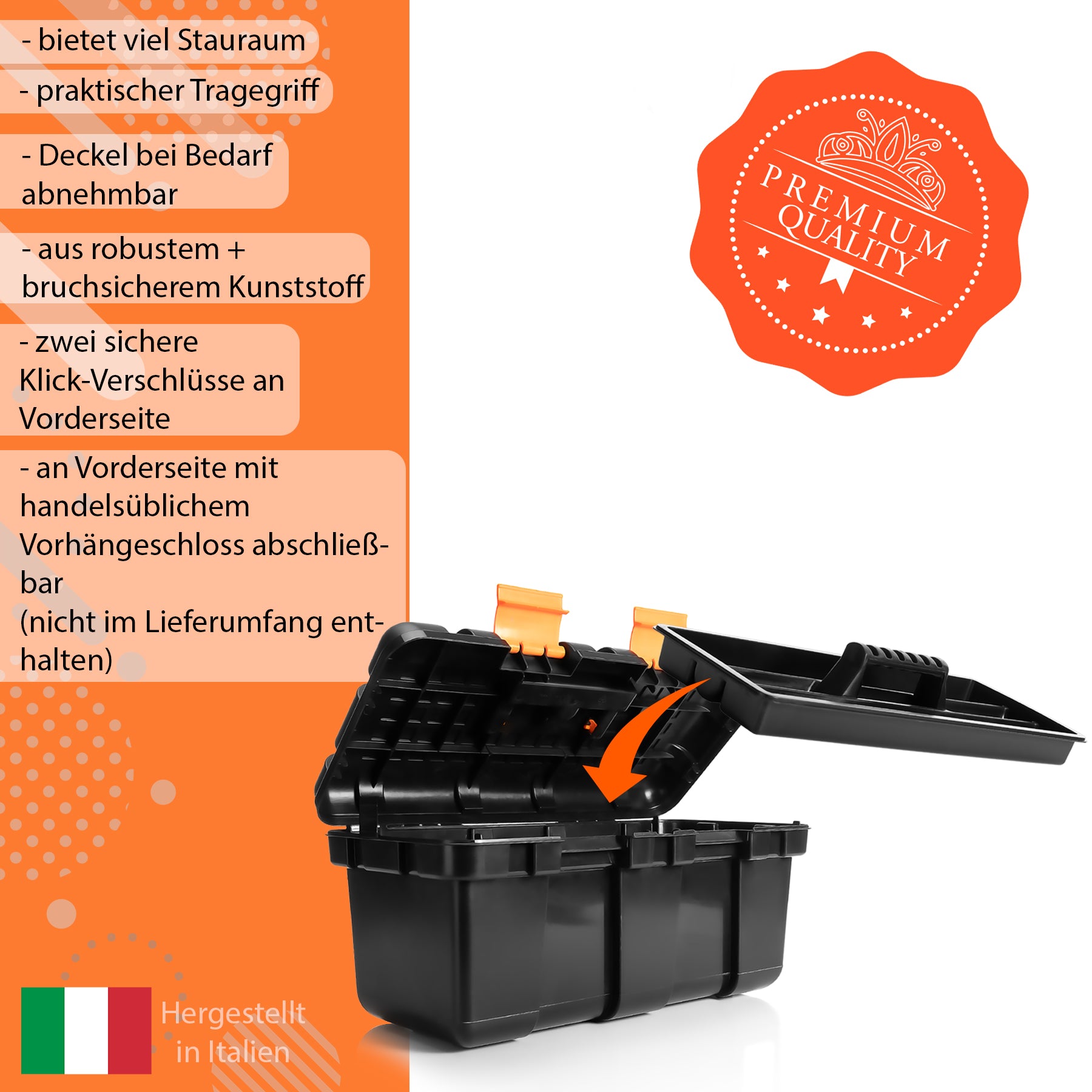 Werkzeugkoffer groß aus Hart-Kunststoff - 50x25x23,5cm - Werkzeugkiste mit herausnehmbarer Innenablage - Toolbox groß Werkzeugkasten Werkzeug Box für Heim- & Handwerker - Made in EU