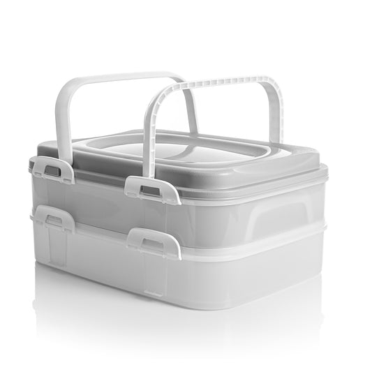 BigDean Partycontainer mit 2 Etagen und Hebeeinsatz – für Backwaren, Snacks & Kuchen geeignet – Kuchentransportbox ideal für Feierlichkeiten – lebensmittelecht & Made in Europa (Pastell Grau) image 1