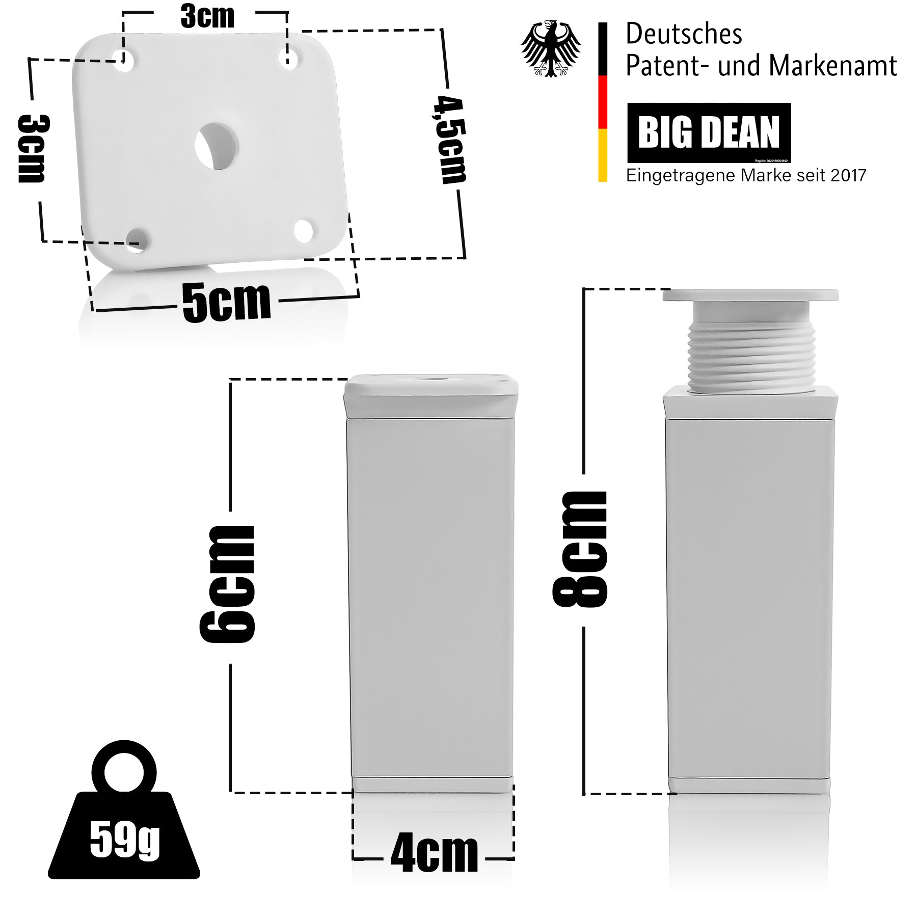 BigDean 4 Stück Möbelfüße Weiß Vierkant-Profil 40 x 40 mm Höhe 60 mm - höhenverstellbare Schrankfüße 3